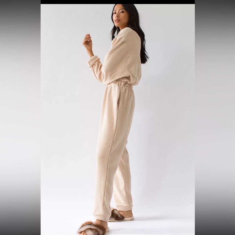 Free People Cream Jumpsuit Relaxed Fit High-Waisted soft terry cloth casual XS